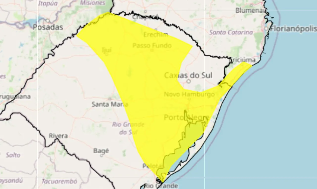 O mapa mostra &agrave;s &aacute;reas em alerta para chuva intensa